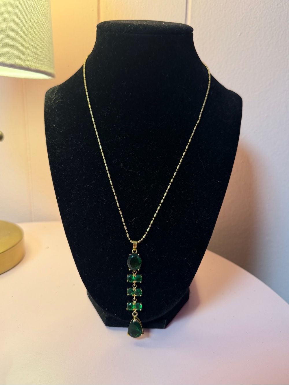 Gold Chain Necklace with Emerald Green Pendant